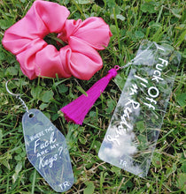 Load image into Gallery viewer, clear acrylic motel key chain with where the fuck are my keys design, with scrunchie and bookmark