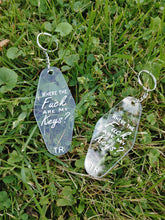 Load image into Gallery viewer, clear acrylic motel key chain with where the fuck are my keys design