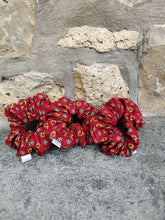 Load image into Gallery viewer, red scrunchies with sun flowers and plaid squares