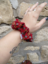 Load image into Gallery viewer, red scrunchies with sun flowers and plaid squares