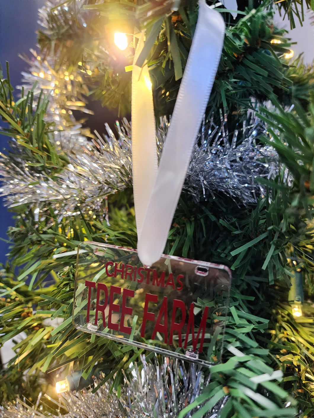 Christmas Tree Farm License plate ornament burgundy